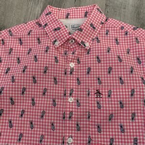 Original Penguin Shirt Mens Small Red Gingham Check Pineapple Print Short Sleeve